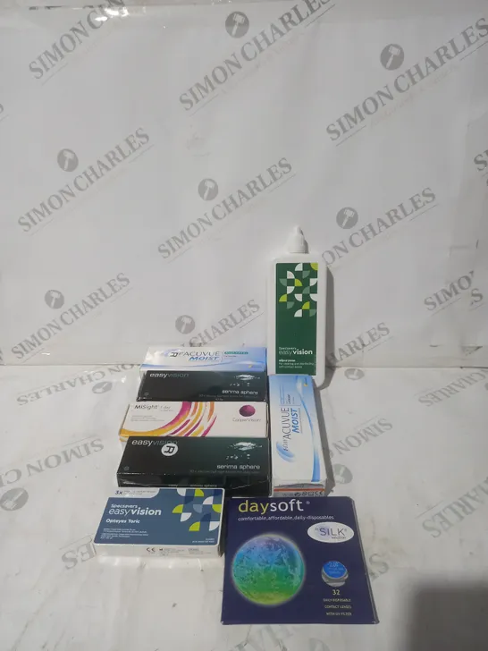BOX OF APPROXIMATELY 30 ASSORTED CONTACT LENSES AND EYE TREATMENT TO INCLUDE EASY VISION, COOPER VISON AND ACUVUE MOIST