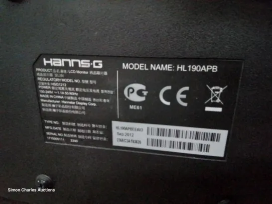 HANNS-G TABLE TOP MONITOR WITH STAND Model HL190APB