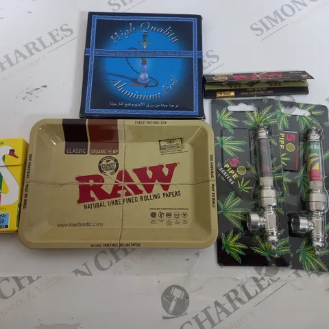 BOX OF APPROX 18 ASSORTED ITEMS TO INCLUDE - RAW ROLLING PAPER - SWAN 120 FILTER TIPS - ALUMINIUM FOIL ECT
