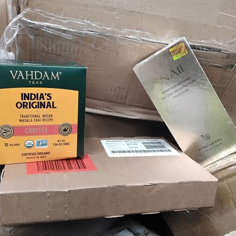 PALLET OF ASSORTED ITEMS INCLUDING OFFICE CHAIR, VEGAN H BOX, VADHAM CHAI TEA, ELECHOMES HUMIDIFIER, SNAIL SKIN GLOW CREAM