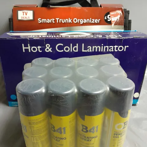 BOX OF 3 HOUSEHOLD ITEMS TO INCLUDE 0B41 MULTI-USE PENETRATING OIL SPRAY, HOT & COLD LAMINATOR AND SMART TRUNK ORGANIZER