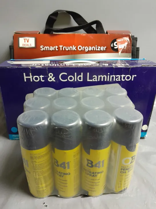 BOX OF 3 HOUSEHOLD ITEMS TO INCLUDE 0B41 MULTI-USE PENETRATING OIL SPRAY, HOT & COLD LAMINATOR AND SMART TRUNK ORGANIZER