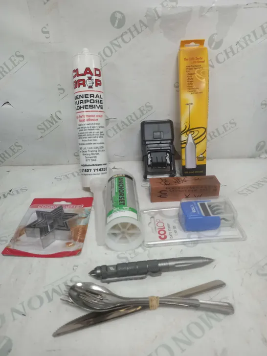 BOX OF APPROXIMATELY 15 ASSORTED COSMETIC ITEMS TO INCLUDE - DATE STAMP, ADHESIVE, HAND MIXER ETC