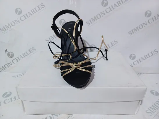 BOXED PAIR OF REISS CASSIDY STRAPPY HEELS IN BLACK/GOLD UK SIZE 4