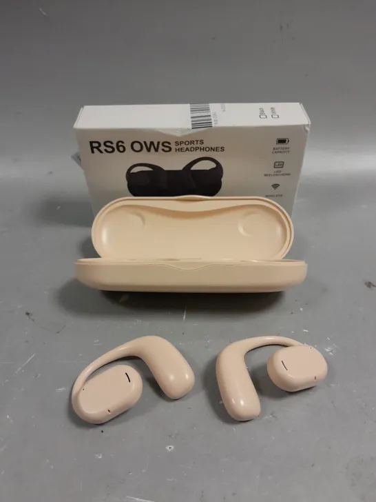 BOXED RS6 OWS WIRELESS SPORTS EARPHONES IN PEACH 	