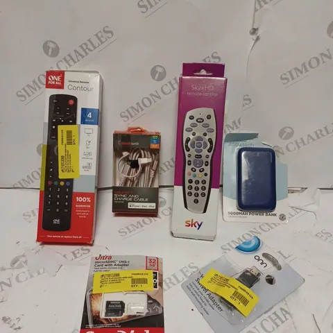 BOX OF APPROX. 20 ITEMS TO INCLUDE A SKY REMOTE, 5000MAH POWER BANK, SANDISK MICROSDHC  