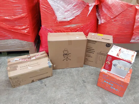 PALLET OF ASSORTED ITEMS INCLUDING: OFFICE CHAIR, KEY DUPLICATING MACHINE, A4 PAPER SHREDDER, ELECTRIC POTATO PEELER, ALUMINIUM COOKWARE SET