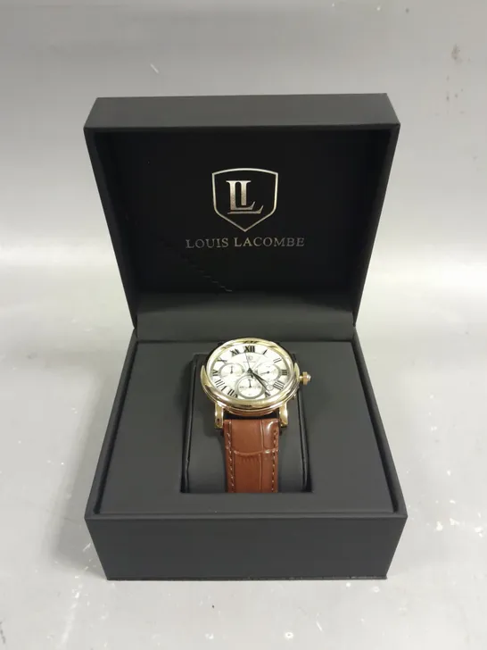 MENS LOUIS LACOMBE CHRONOGRAPH WATCH – MULTI FUNCTION DIAL WITH DATE – ROMAN NUMERAL DIAL – LEATHER STRAP