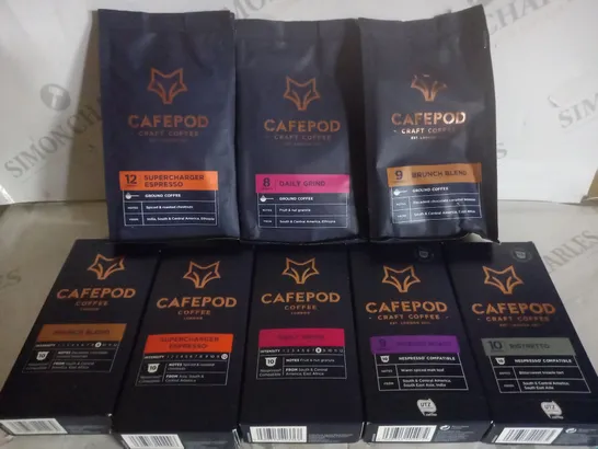 BOX OF APPROX 8 ASSORTED CAFEPOD CRAFT COFFEE PRODUCTS TO INCLUDE SUPERCHARGER ESPRESSO, DAILY GRIND, INTENSE ROAST, ETC 