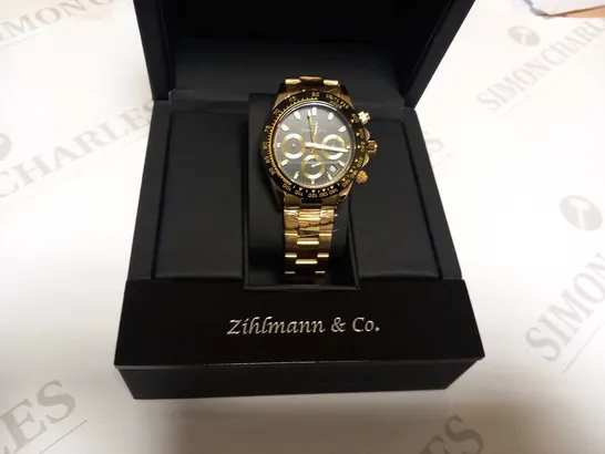 MENS ZIHLMANN & Co Z400 WATCH – CHRONOGRAPH MOVEMENT – GOLD COLOUR STAINLESS STEEL STRAP – BLACK DIAL – 3ATM WATER RESISTANT 