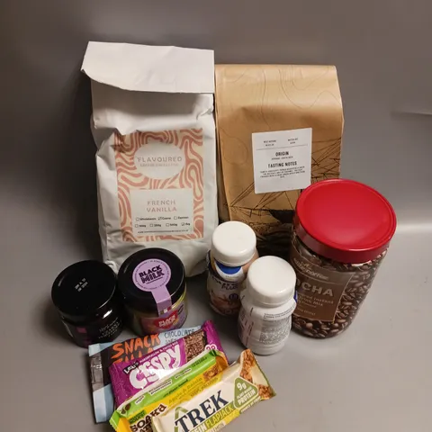 BOX OF APPROX 8 ASSORTED FOOD ITEMS TO INCLUDE - BLACK MILK PISTACHIO CREAM - ELITE COFFEE MOCHA INSTANT COFFEE - FLAVOURED COFFEE COLLECTIVE FRENCH VANILLA BLEND ETC ETC