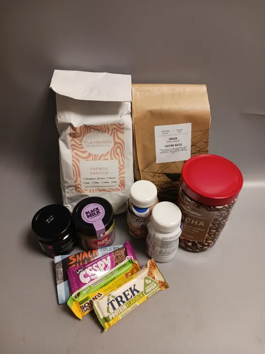 BOX OF APPROX 8 ASSORTED FOOD ITEMS TO INCLUDE - BLACK MILK PISTACHIO CREAM - ELITE COFFEE MOCHA INSTANT COFFEE - FLAVOURED COFFEE COLLECTIVE FRENCH VANILLA BLEND ETC ETC