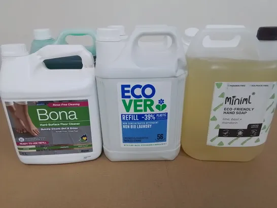 LOT OF 6 LARGE HOME CLEANING LIQUIDS TO INCLUDE 4L BONA SURFACE CLEANER AND EASY WASHING UP LIQUID