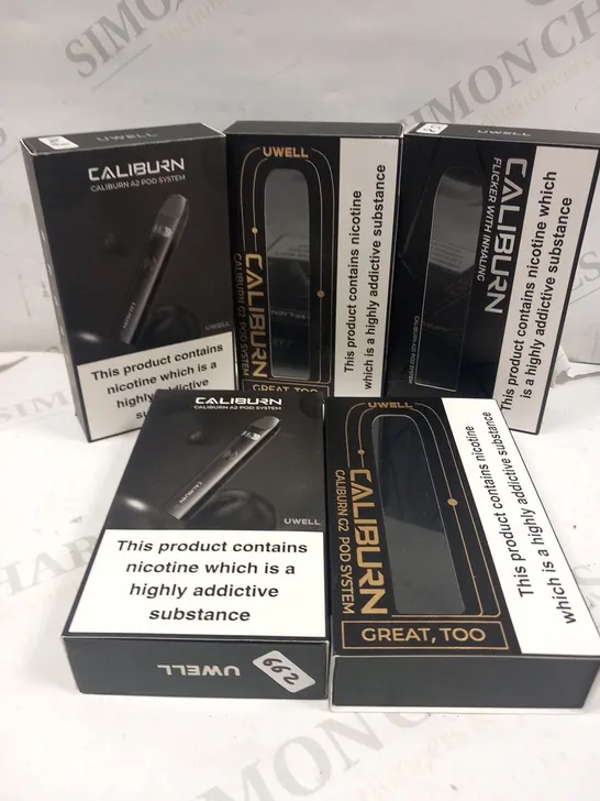 5 ASSORTED UWELL CALIBURN BOXED VAPING PRODUCTS TO INCLUDE; A2 POD SYSTEM, G2 POD SYSTEM AND A2S POD SYSTEM