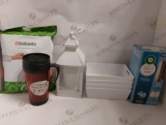 BOX OF APPROX 5 HOUSEHOLD ITEMS TO INCLUDE BRABANTIA BIN BAGS, TRAVEL MUG AND AIRWICK AUTOSPRAY