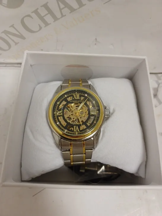 BOXED ANTHONY JAMES WATCH - TWO TONE STAINLESS STEEL - AUTOMATIC - SKELETON FACE - WATER RESISTANT. 