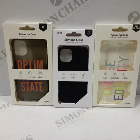 BOX OF APPROXIMATELY 50 TYPO PHONES CASES ('SLIMLINE CASE' & 'SPEAK UP CASE') FOR IPHONE 11, 12 MINI, 12/12PRO IN VARYING COLOURS