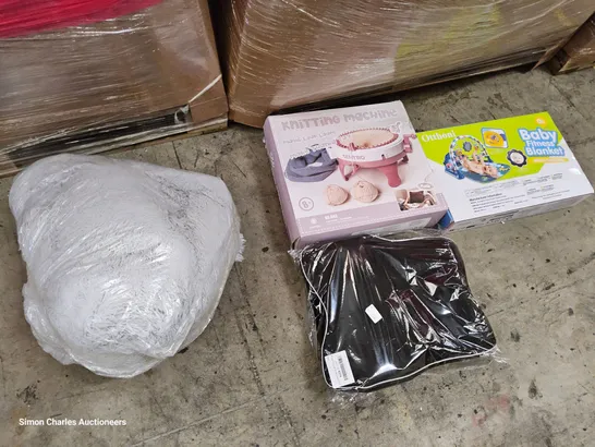 PALLET OF ASSORTED ITEMS TO INCLUDE, SEASONAL WREATH, DISH DRYING RACK, KNITTING MACHINE, BABY FITNESS BLANKET, CAR SEAT BACK CUSHION. DEHUMIDIFIER.