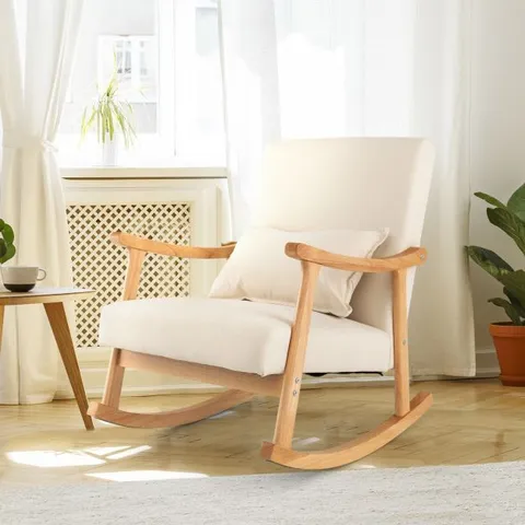 BOXED COSTWAY UPHOLSTERED ROCKING CHAIR MODERN ROCKER WITH RUBBER WOOD FRAME - BEIGE