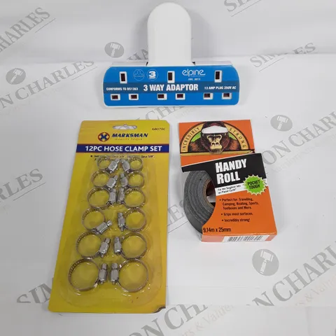 LARGE ASSORTMENT OF HOUSEHOLD PRODUCTS TO INCLUDE GORILLA GLUE, 3 WAY PLUG AND HOSE CLAMP SET