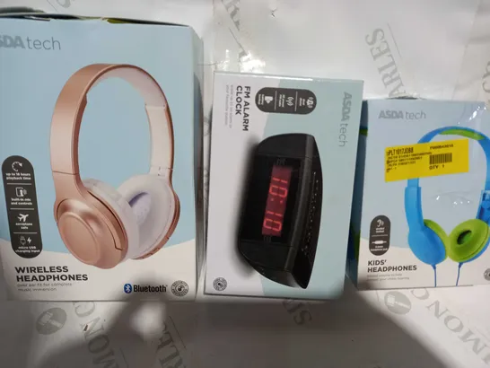 LOT OF APPROXIMATELY 5 ASSORTED HOUSEHOLD ITEMS TO INCLUDE ASDA TECH WIRELESS HEADPHONES, ASDA TECH FM ALARM CLOCK, ASDA TECH KIDS HEADPHONES, ETC