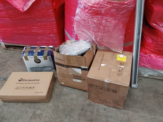 PALLET OF ASSORTED ITEMS INCLUDING: BAR STOOLS, ELECTRICAL CONVERTER HEATER, PREMIUM KING SIZE AIR BED, ROLLER BLIND