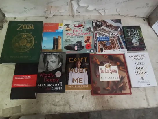 CAGE OF ASSORTED BOOKS BY DR MICHAEL MOSLEY, FRIEDRICH NIETZSCHE, DAVID GOGGINS, MONIQUE ROFFEY, HAROLD OSBORNE, SIMON STÅLENHAG