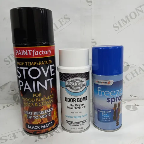 BOX OF APPROX 15 ASSORTED LIQUIDS TO INCLUDE - STOVE PAINT, ODOR BOMB, FREEZE SPRAY ETC