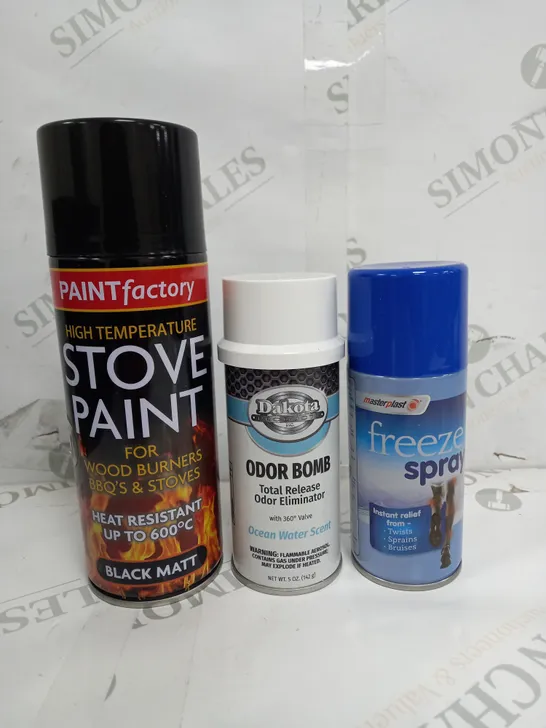 BOX OF APPROX 15 ASSORTED LIQUIDS TO INCLUDE - STOVE PAINT, ODOR BOMB, FREEZE SPRAY ETC