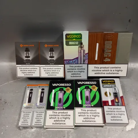 APPROXIMATELY 20 ASSORTED E-CIGARETTE PRODUCTS/ACCESSORIES TO INCLUDE VOO POO, GEEK VAPE, VAPORESSO ETC