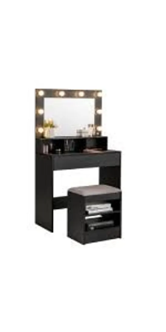 BOXED MODERN DRESSING TABLE SET WITH LED LIGHTS MIRROR AND DRAWER - BLACK