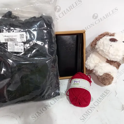 BOX OF ASSORTED ITEMS APPROXIMATELY 15 INCLUDING JACKET, DIARY, TEDDY, YARN ETC