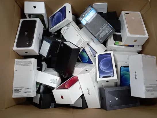 APPROXIMATELY 50 ASSORTED EMPTY PHONE BOXES FROM BRANDS SUCH AS APPLE, HUAWEI & SAMSUNG, ETC