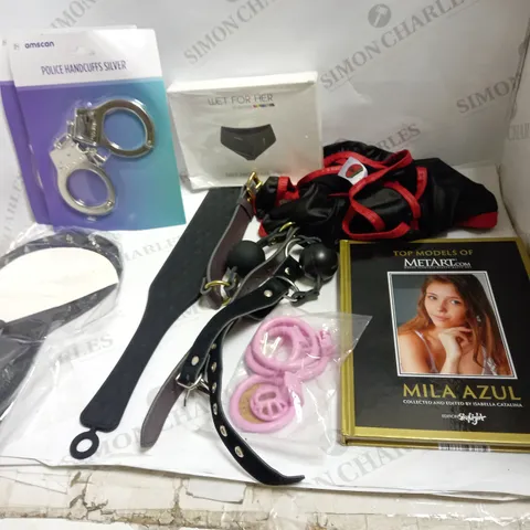 LOT OF APPROX 10 ASSORTED ADULT ITEMS TO INCLUDE BALL GAGS, FALSE HANDCUFS, EROTICA BOOK ETC