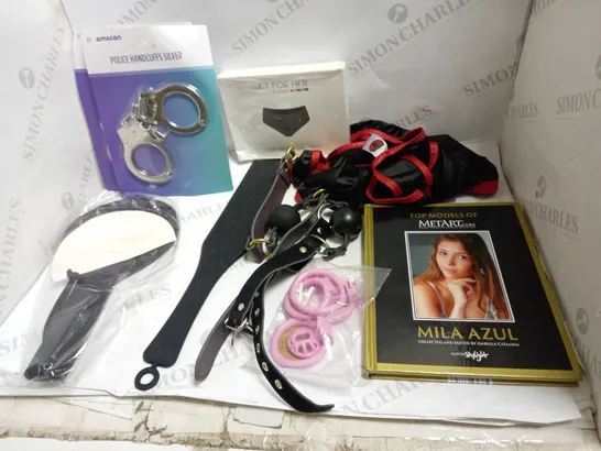 LOT OF APPROX 10 ASSORTED ADULT ITEMS TO INCLUDE BALL GAGS, FALSE HANDCUFS, EROTICA BOOK ETC