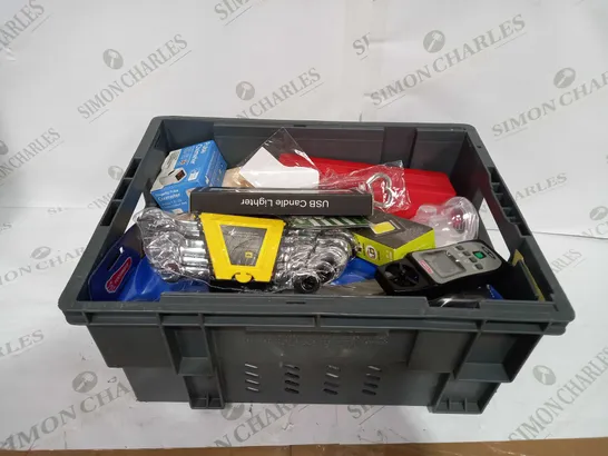 BOX TO CONTAIN APPROX 25 X ASSORTED HOUSEHOLD PRODUCTS, INCLUDES WRENCH, DIY TOOLS, USB CANDLE LIGHTER ETC 