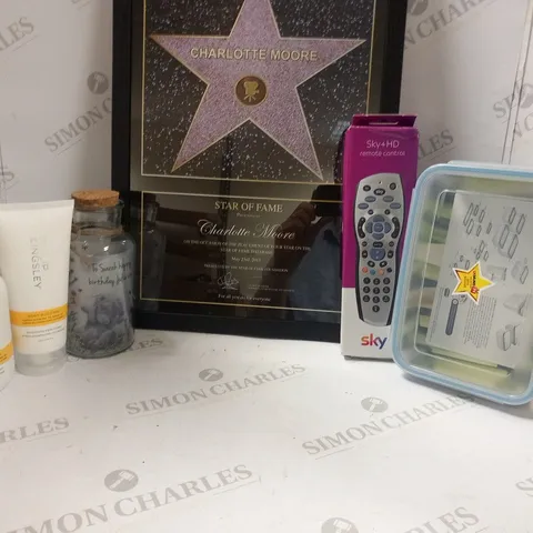 APPROXIMATELY 12 ASSORTED PRODUCTS TO INCLUDE; CLIP AND CLOSE FOOD STORAGE, FRAMED PERSONALISED STAR OF FAME, DREAM CATCHER WATER BOTTLE AND SKY HD REMOTE