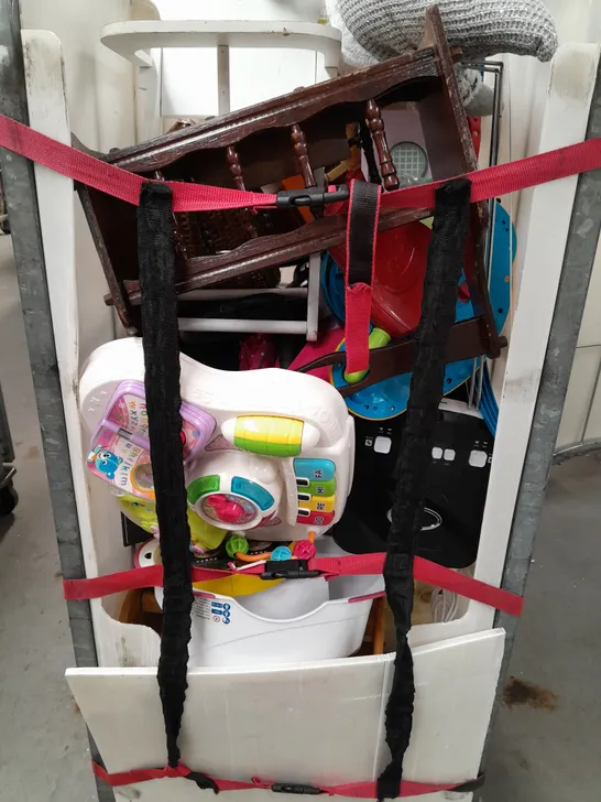 CAGE OF APPROXIMATELY 20 ASSORTED HOUSEHOLD ITEMS TO INCLUDE MATCHBOX TOY CAR SET, TENNIS RACKET, ETC - COLLECTION ONLY