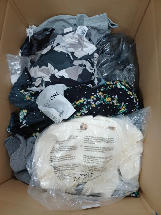 LARGE BOX OF ASSORTED CLOTHING ITEMS IN VARIOUS COLOURS AND SIZES INCLUDING TROUSERS , TOPS AND JUMPERS 