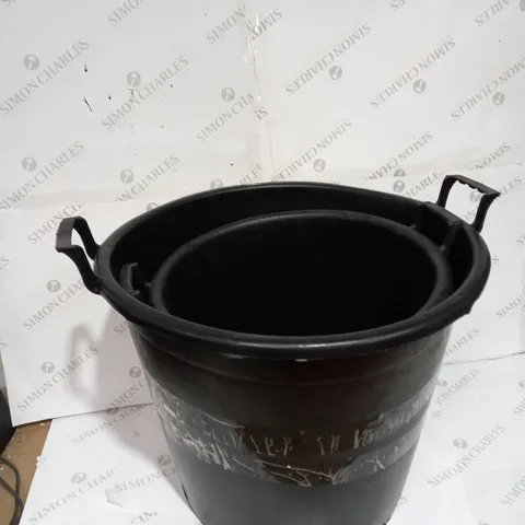 TWO LARGE BLACK PLASTIC BUCKETS WITH HANDLES - DIAMETERS APPROX 40CM AND 50CM