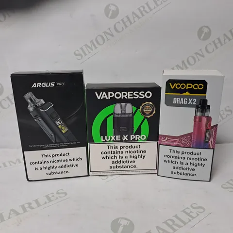APPROXIMATELY 10 ASSORTED E-CIGARETTE PRODUCTS TO INCLUDE VOOPOO ARGUS PRO, VAPORESSO LUXE X PRO, VOOPOO DRAG X2 