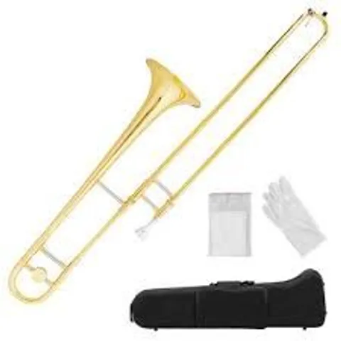 BOXED COSTWAY B FLAT TROMBONE GOLD BRASS WITH MOUTHPIECE CASE GLOVES FOR BEGINNERS STUDENTS