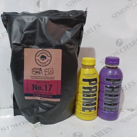 APPROXIMATELY 10 ASSORTED FOOD & DRINK ITEMS TO INCLUDE PRIME LEMONADE FLAVOUR (500ML), PRIME GRAPE FLAVOUR (500ML), CHERRY STORM COFFEE BEANS, ETC