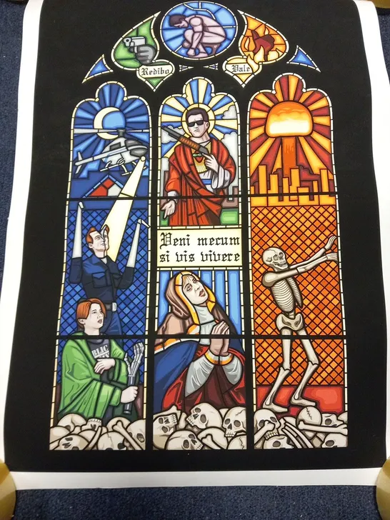 JIM'LL PAINT IT TERMINATOR 2 IN THE STYLE OF ECCLESIASTICAL STAINED GLASS PRINT