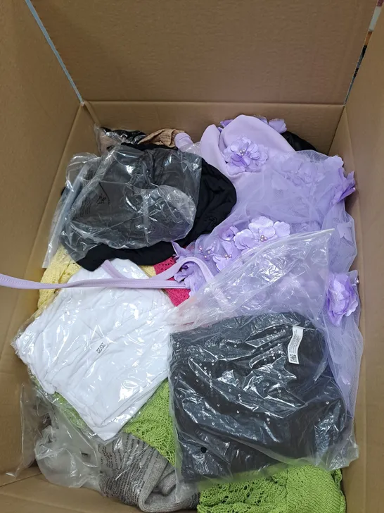 BOX OF ASSORTED CLOTHING ITEMS TOO INCLUDE JUMPERS, SHIRTS AND TROUSERS IN VARIOUS SIZES AND COLOURS   