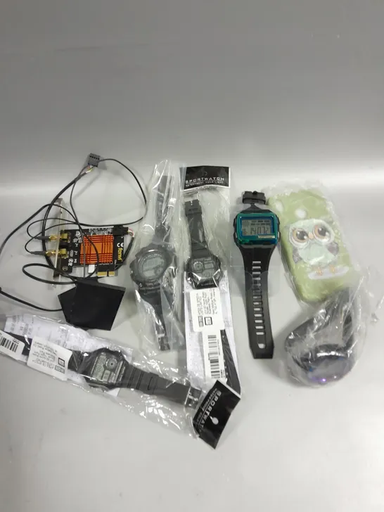 APPROXIAMTELY 10 ASSORTED ELECTRICAL PRODUCTS TO INCLUDE DIGITAL WATCHES, PROTECTIVE CASES, ANTENNA ETC 