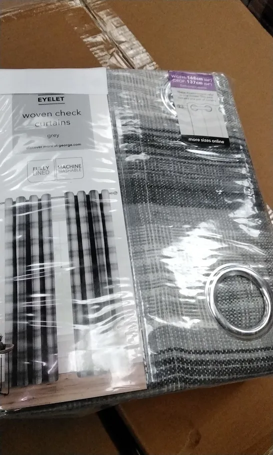 BOX OF 8 PAIRS BRAND NEW EYELET WOVEN CHECK CURTAINS GREY 168×137CM