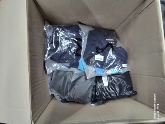 A BOX OF VARIOUS ITEMS TO INCLUDE - 3 VAC PACKED BAGS OF KIDS TEDDY'S VARIOUS T SHIRTS A PARASOL COVER AND A VARIOUS PAIRS OF LEGGINGS 