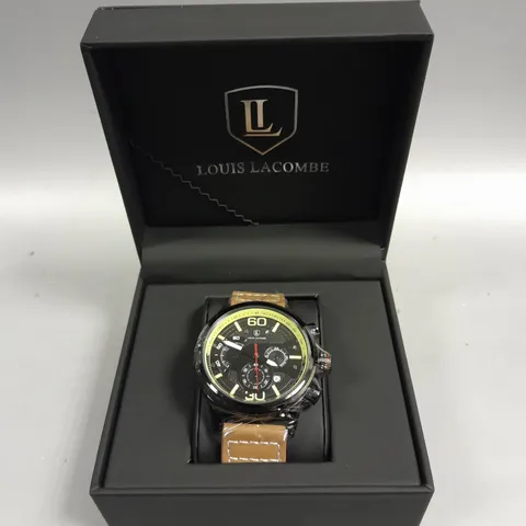 MENS LOUIS LACOMBE CHRONGRAPH WATCH – 3 SUB DIALS – BLACK CASE – LEATHER STRAP
