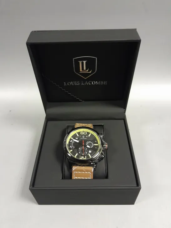 MENS LOUIS LACOMBE CHRONGRAPH WATCH – 3 SUB DIALS – BLACK CASE – LEATHER STRAP